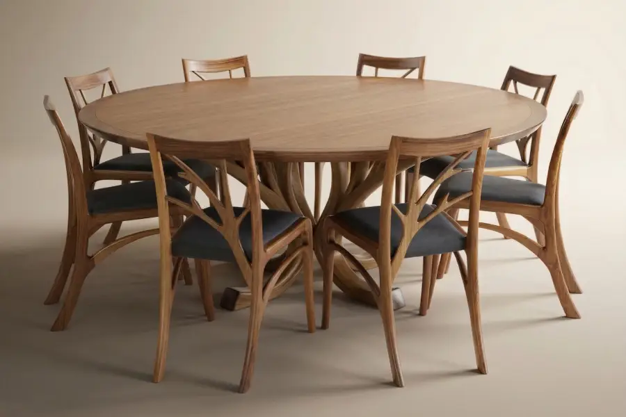 Custom made round solid timber dining suite by Will Marx