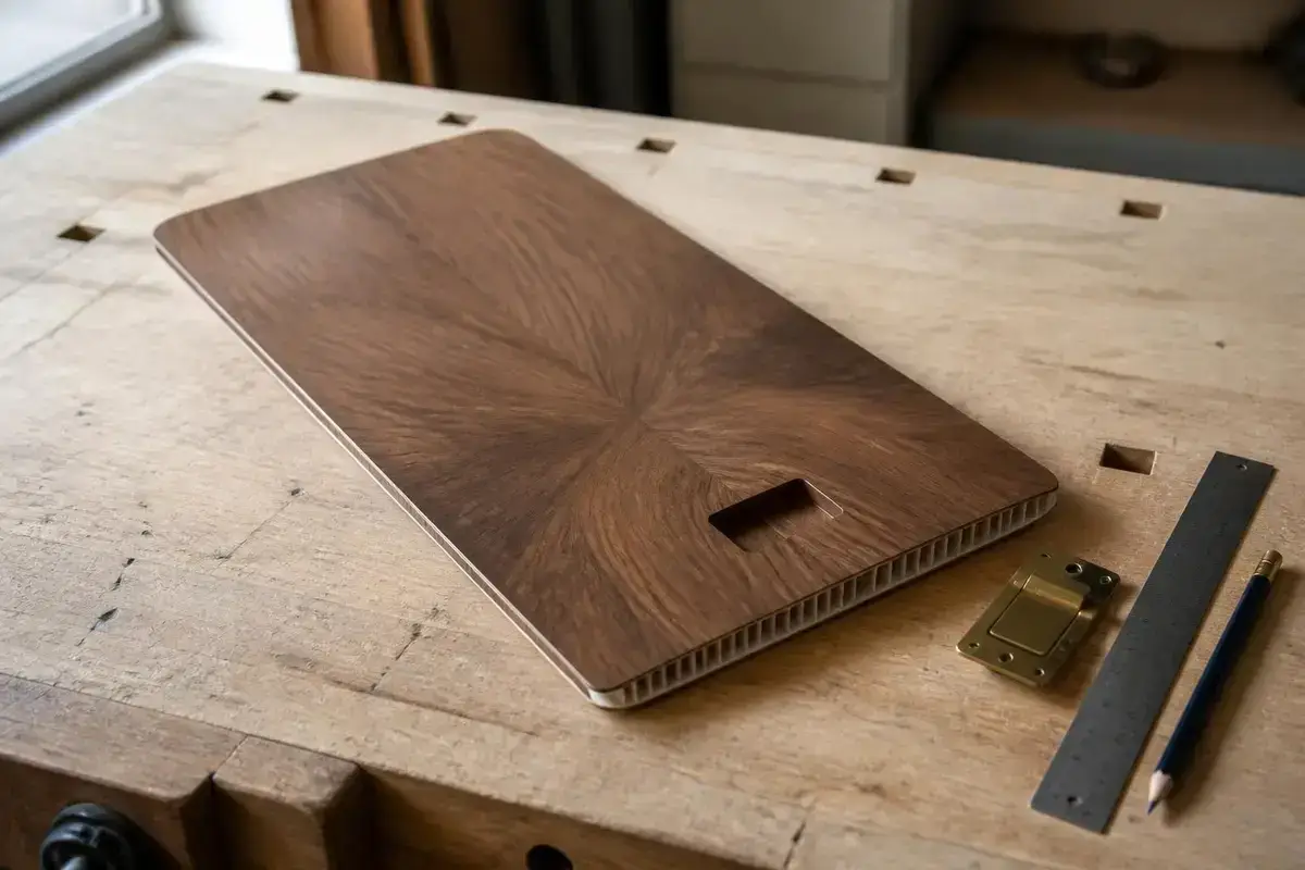 A walnut veneered cabinet door with a honeycomb core, a brass latch, a steel rule and a pencil on a workbench