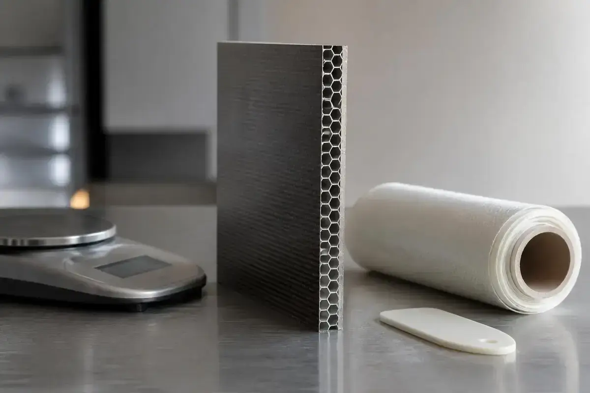 A carbon fibre honeycomb sandwich panel standing on a steel bench beside a digital scale and a roll of fibreglass cloth