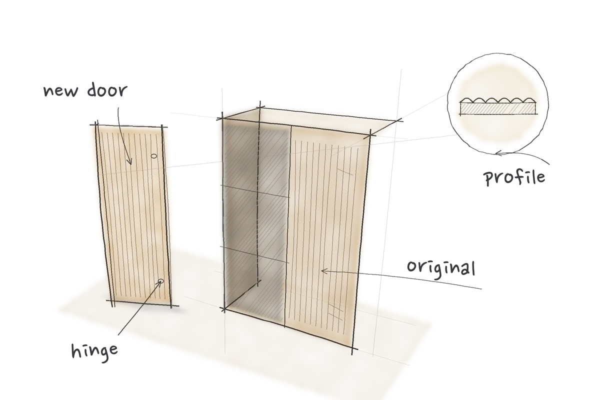 Loose pen and watercolour sketch of a cabinet with its original fluted door and a new matching door beside it, with handwritten notes: original, new door, hinge and profile